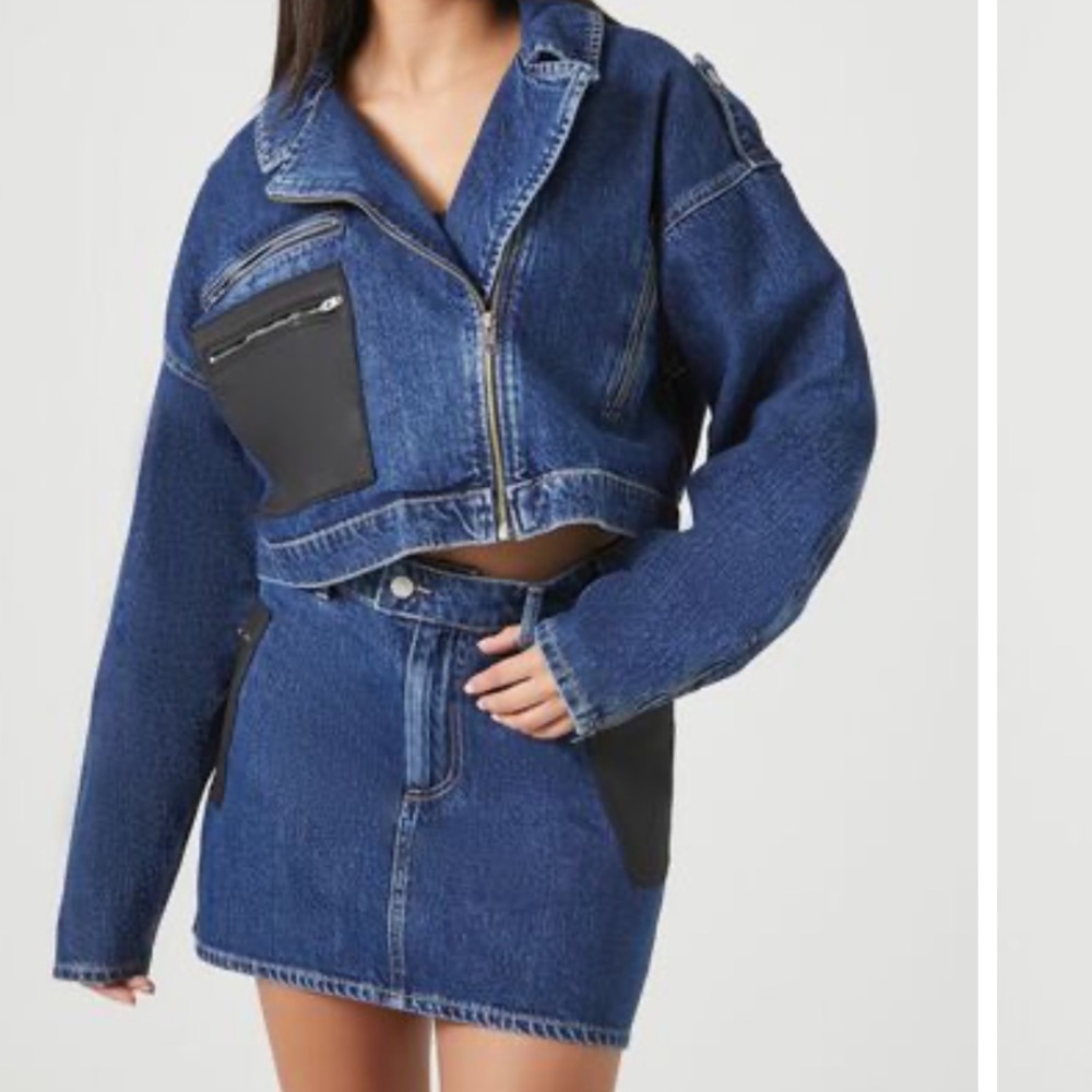 Colorblock Denim Moto skirt set